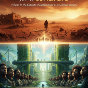 Front cover of the ebook 'The Great Relocation for a Better Life' by Noori A. Volume 1. The design features a dramatic split-screen contrast: the top half shows a person walking through a cracked, dry desert landscape under a stormy sky, and the bottom half shows a vibrant, futuristic green city with vertical forests, wind turbines, and people looking up at a hopeful sunrise.