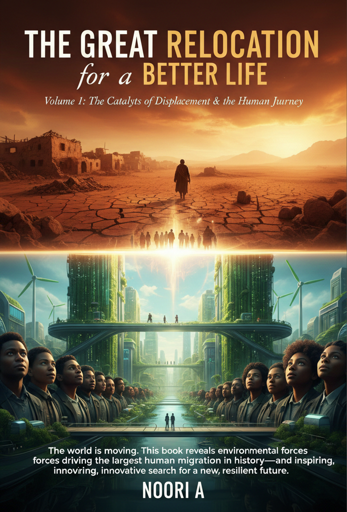 Front cover of the ebook 'The Great Relocation for a Better Life' by Noori A. Volume 1. The design features a dramatic split-screen contrast: the top half shows a person walking through a cracked, dry desert landscape under a stormy sky, and the bottom half shows a vibrant, futuristic green city with vertical forests, wind turbines, and people looking up at a hopeful sunrise.